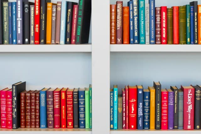 A shelf displaying a variety of colorful books on a white bookshelf.