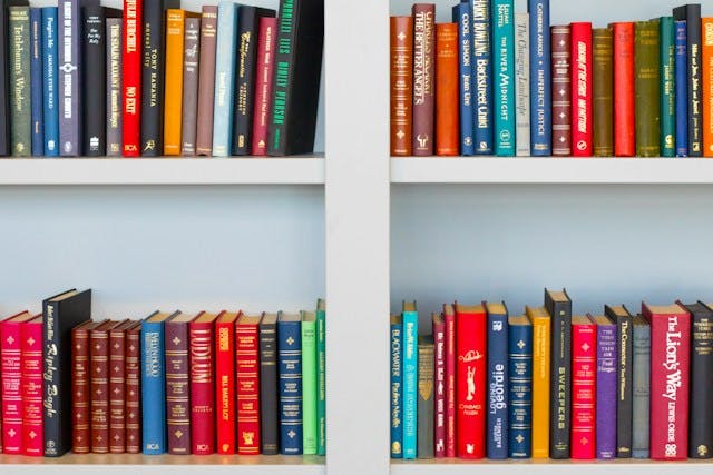 A shelf displaying a variety of colorful books on a white bookshelf.